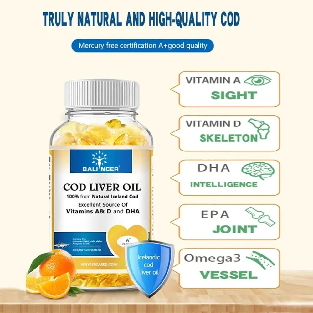 Fórmula extra-forte Óleo de fígado de bacalhau contém vitaminas A D EPA e DHA apoia coração, cérebro, imunidade, articulação e saúde ocular