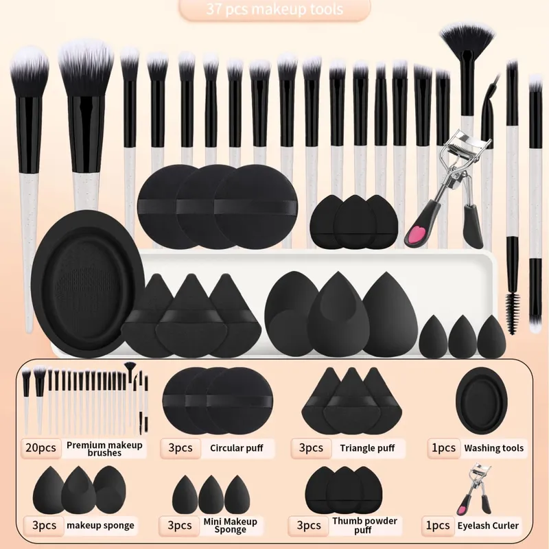 20 pincéis de maquiagem + 3 puffs de pó redondos + 3 puffs de pó triangulares + 3 ovos de beleza + 3 puffs de pó de dedo + 3 mini ovos de beleza + 1 washin — image 12