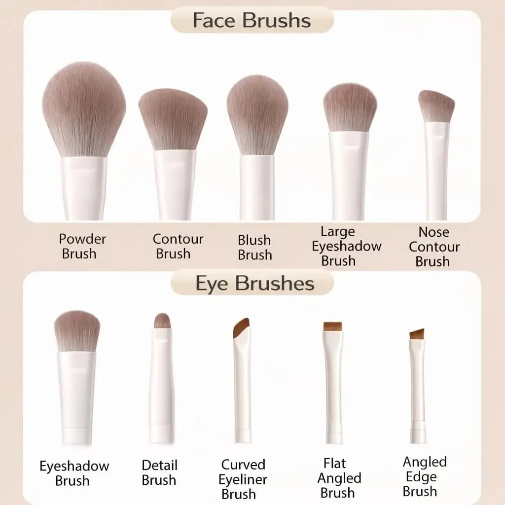 Conjunto de pincéis de maquiagem com 10 peças, cerdas de nylon de alta qualidade, inclui pincéis para olhos e pó, blush e base