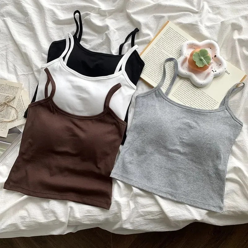 Camisola fina sem mangas com alças de cor sólida feminina com almofada no peito confortável, top diário para viagem dentro do colete de algodão esportivo