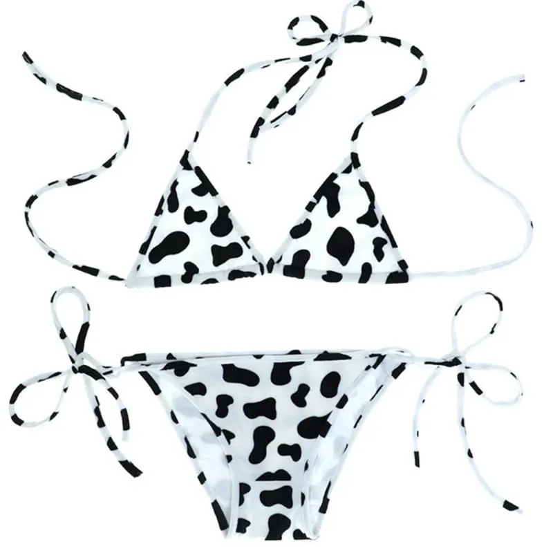 Conjunto de biquíni feminino estilo japonês bonito leite vaca pontilhada mini conjuntos de biquíni roupa interior halter pescoço sutiãs topo com cuecas calcinha