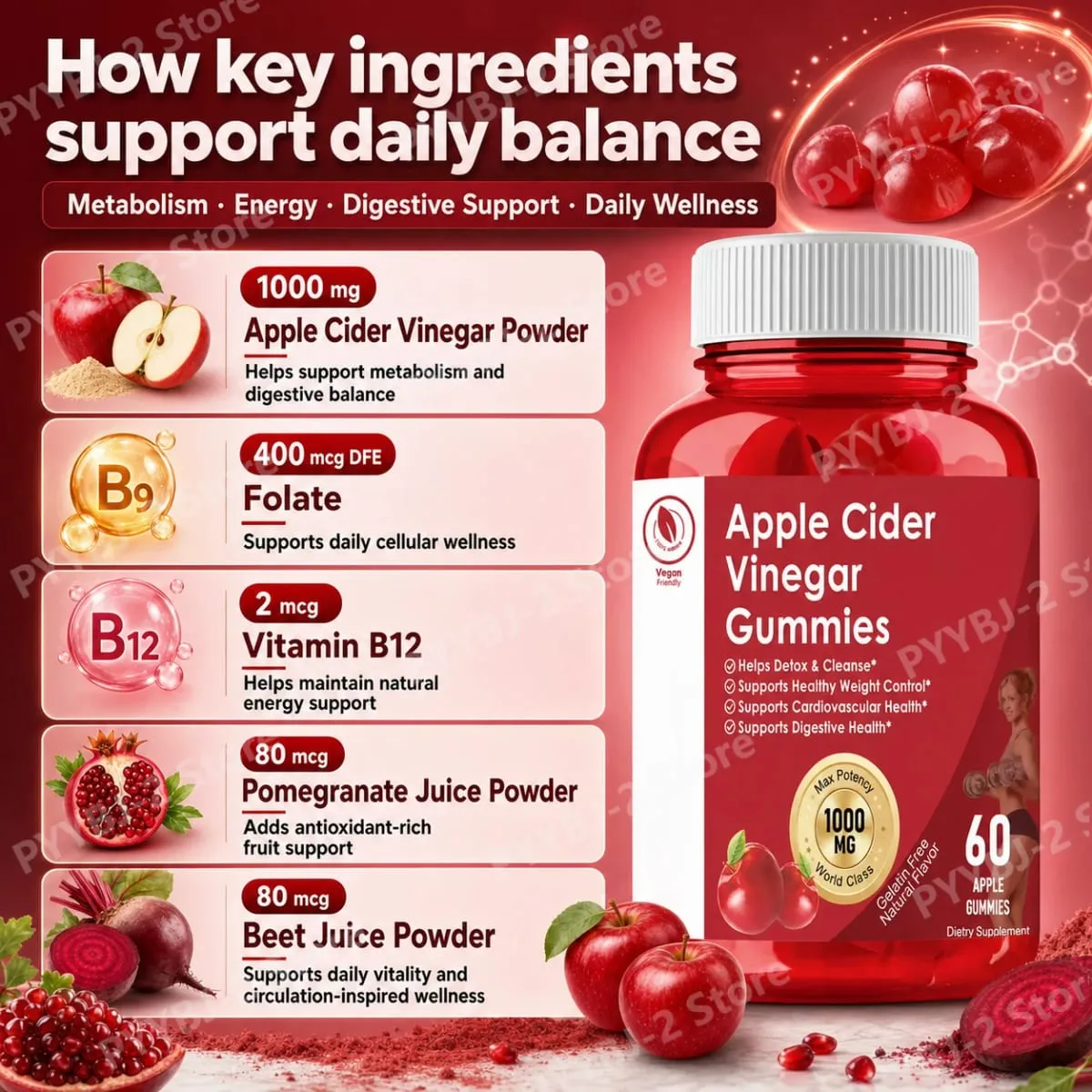 Apple Cider Vinegar Gummies Support Metabolism Digestive Health with Vitamin B12 & Folate – 60 Gummies