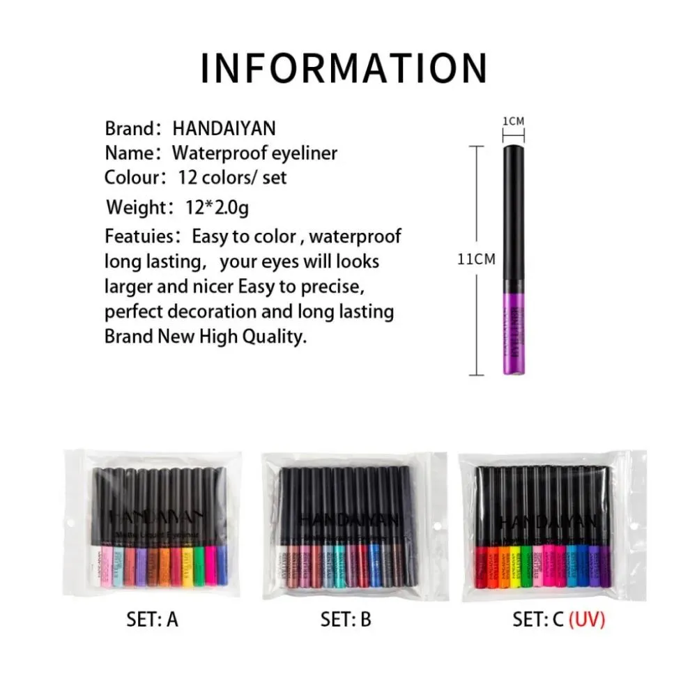 Conjunto de canetas delineadoras à prova d'água, 12 cores, fosco, longa duração, 24 horas, fluorescente, lápis de delineador para decoração de maquiagem facial
