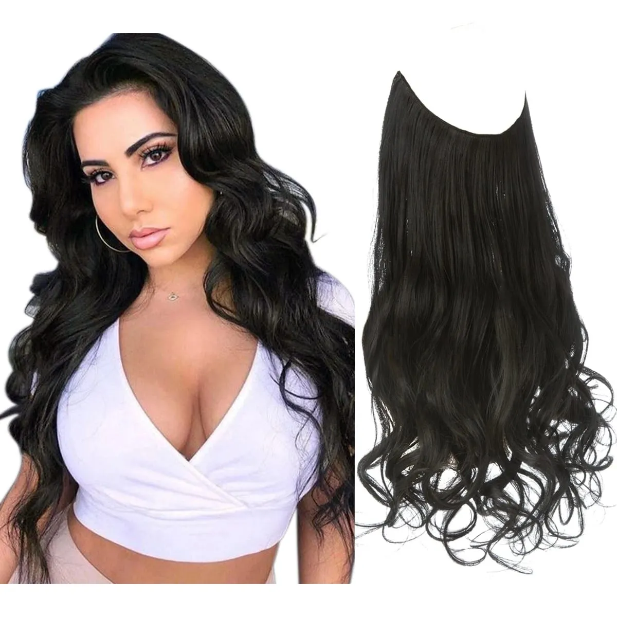 Nice Premium Synthetic Invisible Wire With Clip In Hair Extensions Daily Use Hairpieces Long Brown Natural Wavy Fake Hair piece