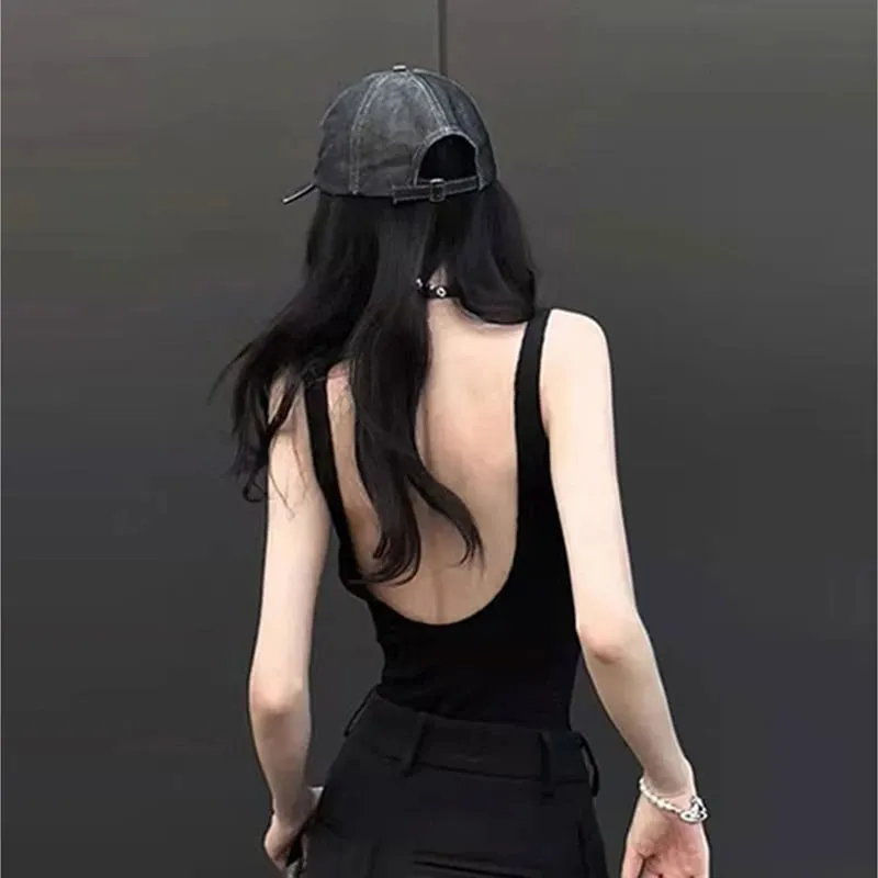 黑色吊帶連身衣性感露背羅紋連身衣連衣繩女性感無袖背心手套連身衣身體女