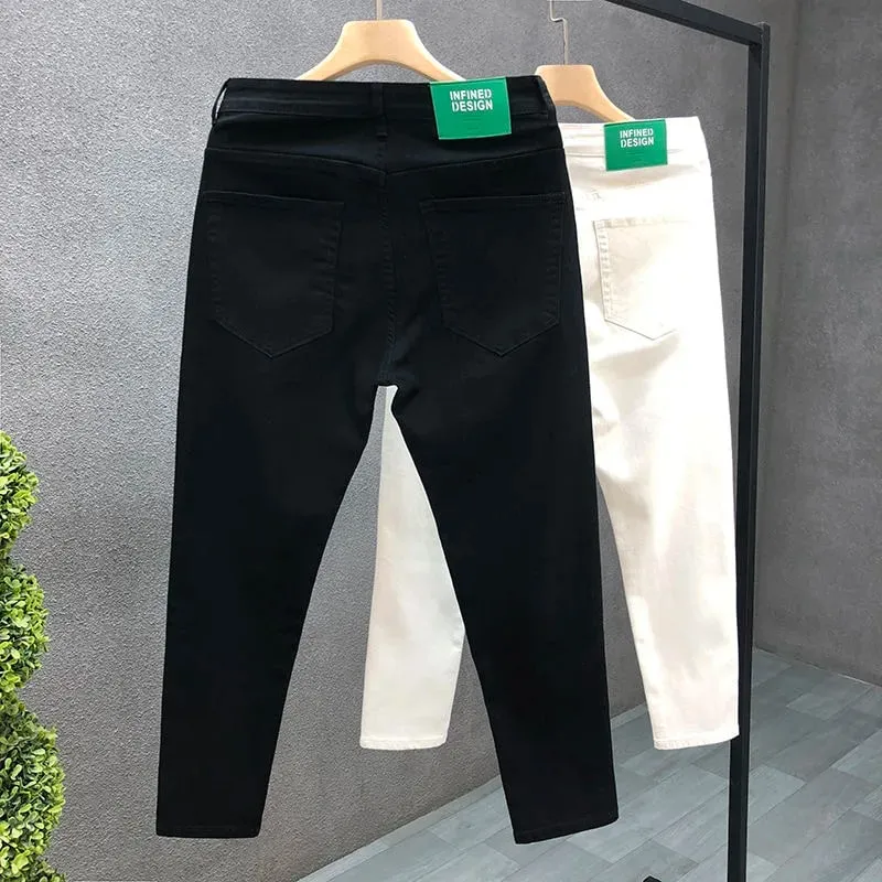 2023 primavera e outono nova moda clássica cor sólida elástico casual jeans masculino confortável de alta qualidade calças de pé pequeno 36