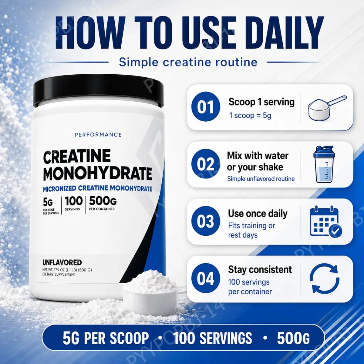 Pó micronizado de creatina monohidratada sem sabor 5g por porção 100 porções, força muscular, suporte de energia 500g