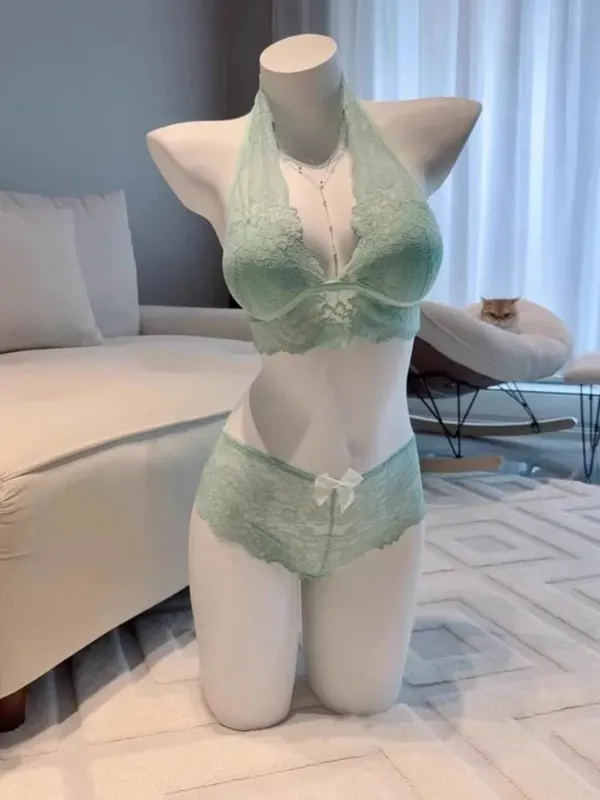 Conjunto de sutiã com gola halter verde menta, lingerie de renda sem fio, almofadas ajustáveis, costas em formato de coração para mulheres, roupas íntimas e externas — image 2