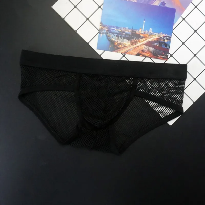 Plus size malha roupa interior masculina transparente grande fishnet u bolsa briefs masculino cintura baixa cor sólida sexy perspectiva calcinha masculina