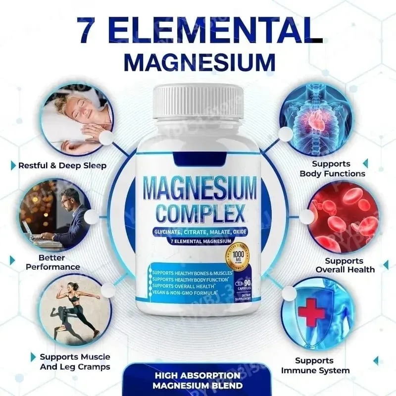 Suplemento de magnésio 1000mg Complexo 7 em 1 com glicinato citrato malato taurato apoia relaxamento muscular suporte para sono 90 Ct