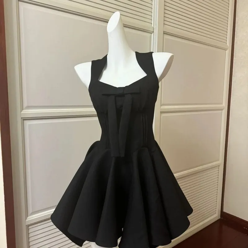 França elegante preto retalhos vestido de alça longa sem mangas estilo festa feminino suave y2k vintage bodycon primavera verão 2026