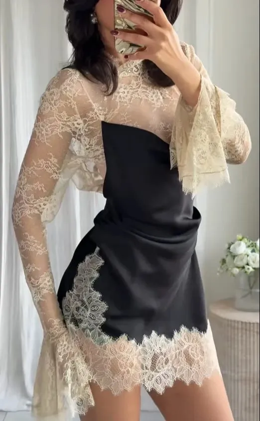 Contraste rendas retalhos mini vestido feminino elegante completo queimado manga cintura cinching magro mini vestidos 2025 senhora rua chique vestido