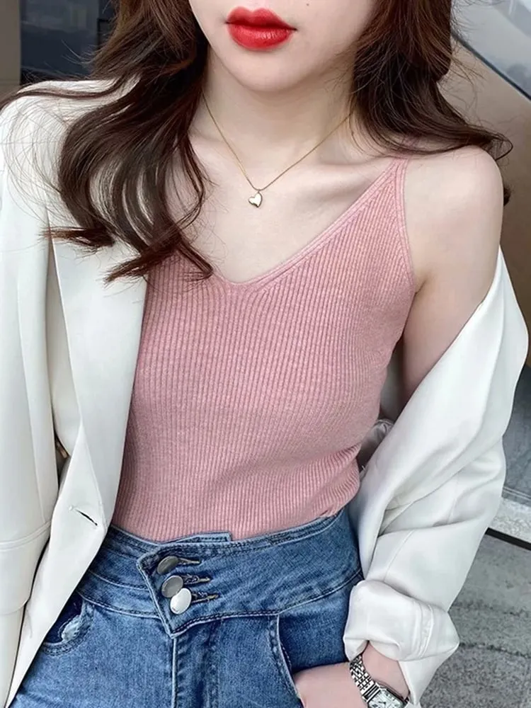 Coreia do verão topos novo sólido com decote em v elástico de malha suspender camis tanques roupas básicas camisa feminina
