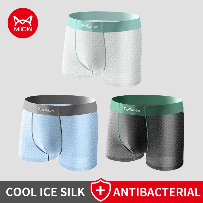 MiiOW 3Pcs Cool Ice Silk Men Underwear Boxers 7A Antibacterial Men's Panties Seamless Mesh Breathable Mens Underpants Man Boxers