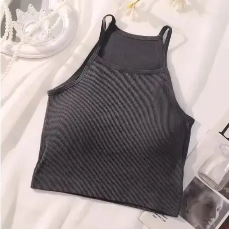韓版女背心螺紋純色休閒時尚短上衣搭配胸墊條紋無袖外套基本款吊帶背心