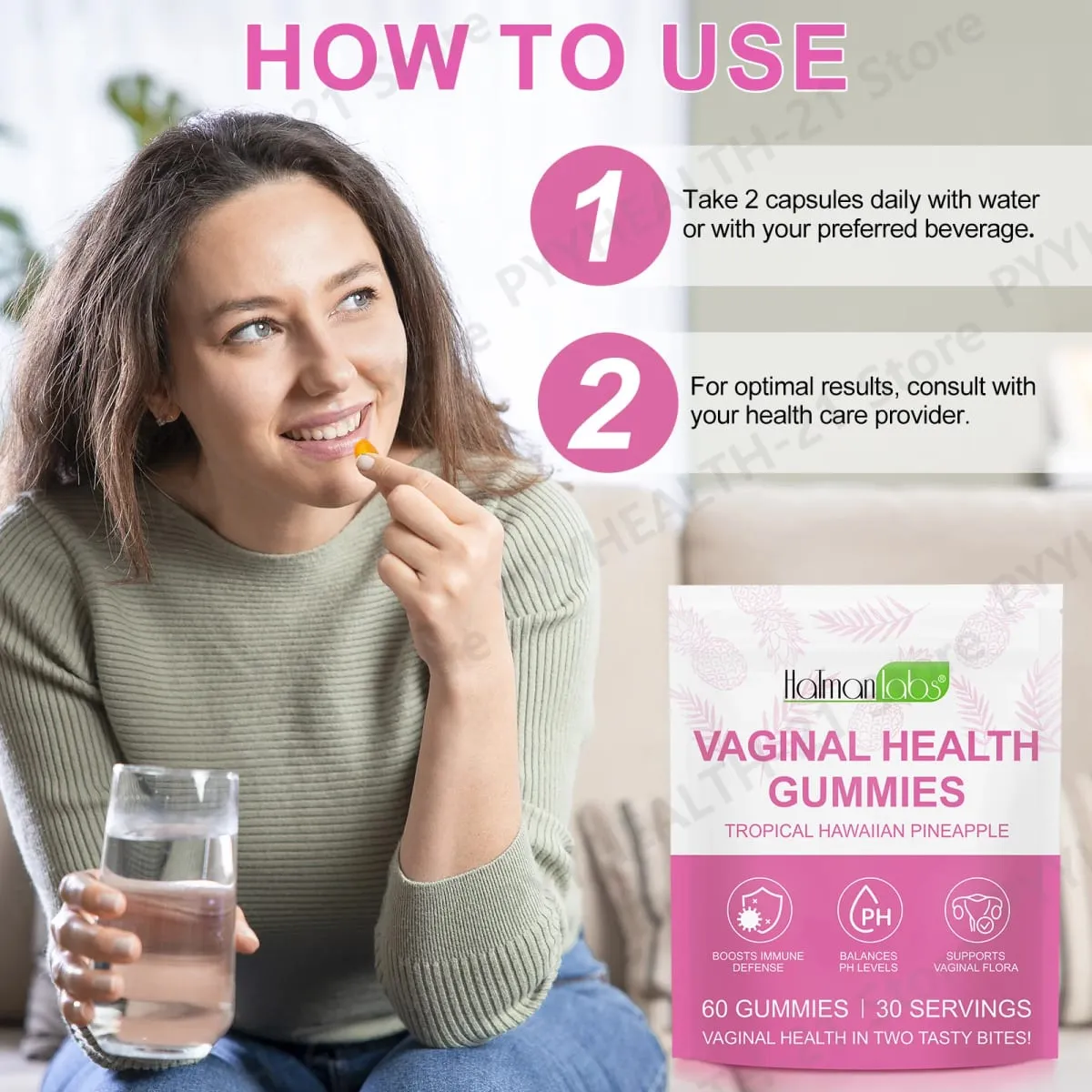 HalmanLabs Vaginal Health Gummies Probiotic Vitamin C Balance PH Levels Support Flora Immune Defense 60 Count Pineapple Women — image 6