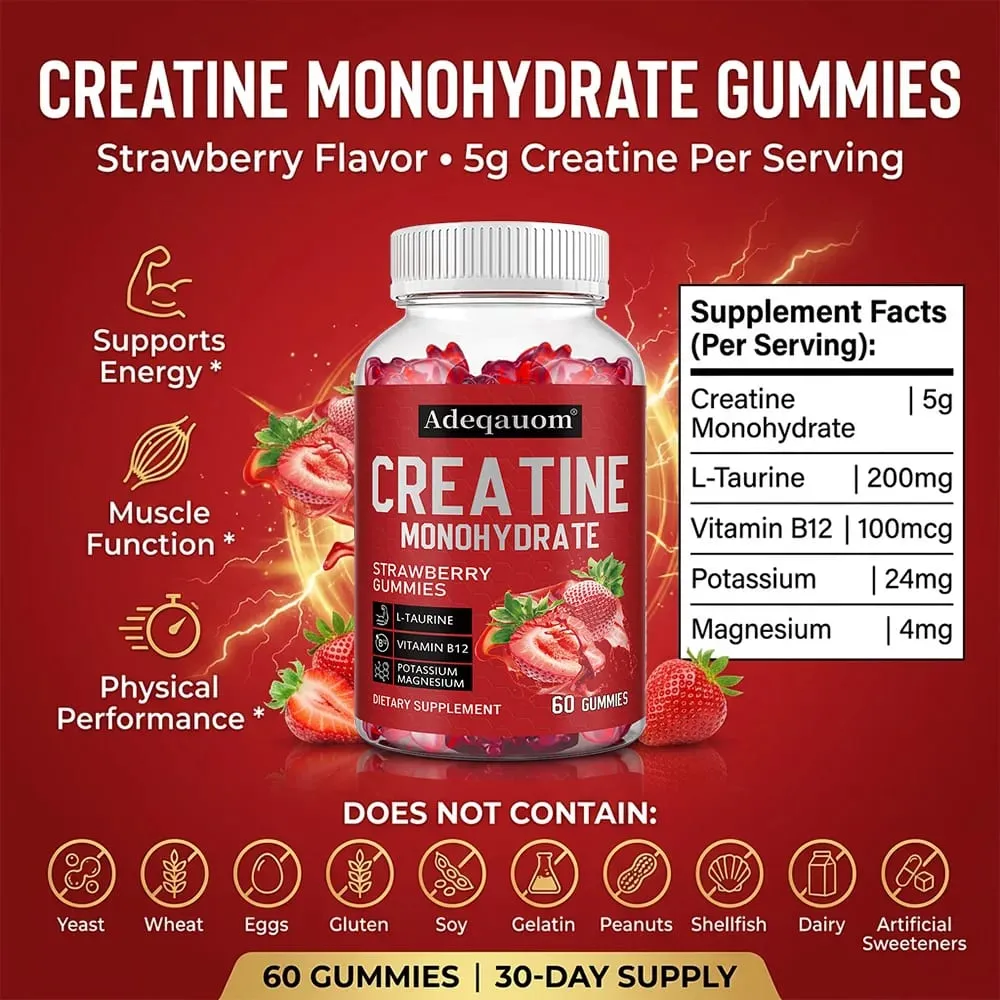 Gomas de creatina monohidratada 5000mg Suporte pré e pós-treino para força muscular e recuperação, construção de massa muscular vegana