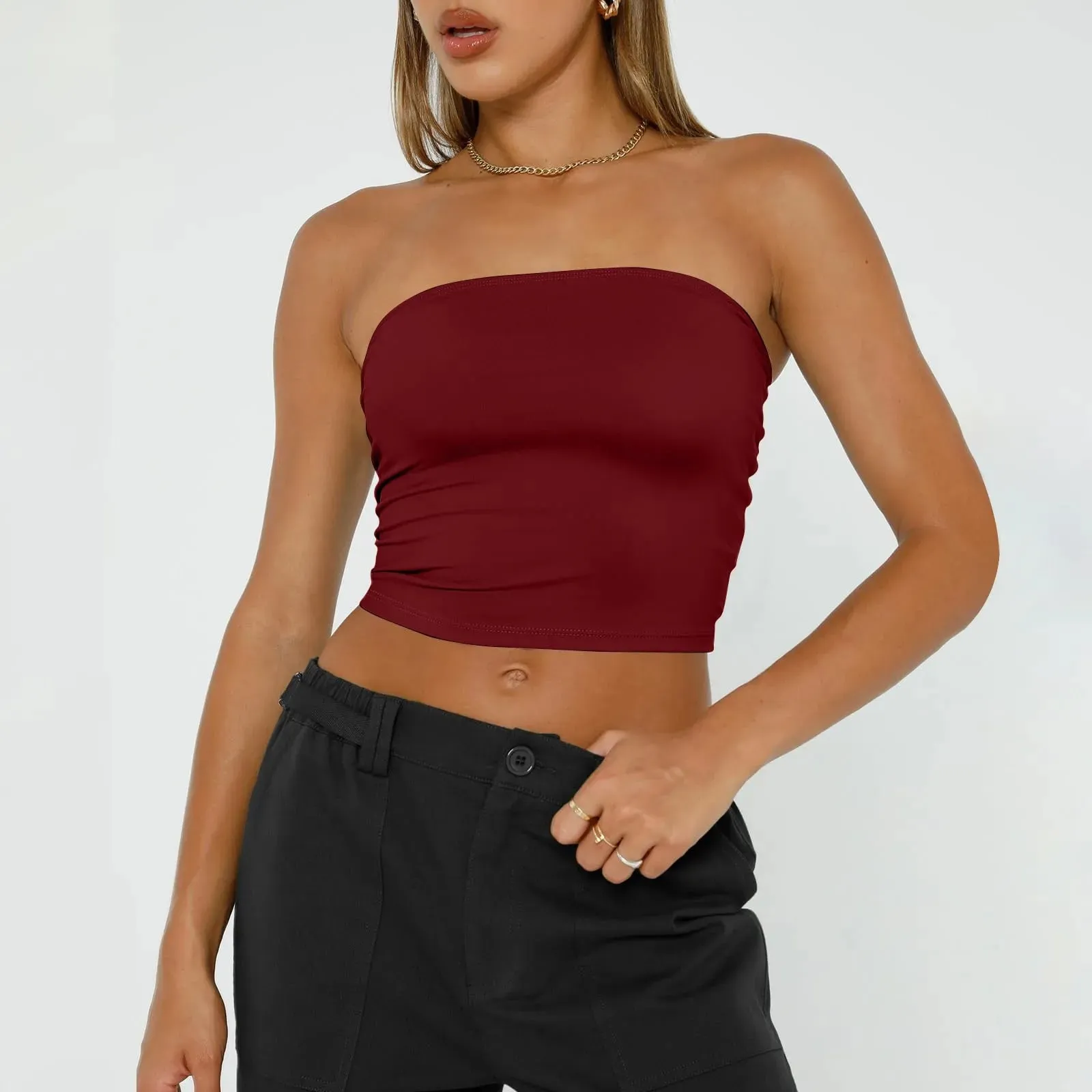 Top curto feminino sem alças, básico, sem costas, sem mangas, bandeau, fofo, sexy, tendência, moda de rua, clássico, sólido, tubo — image 15