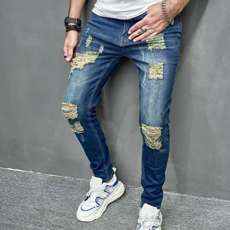 2024 New Style Men's Personalized Ripped Solid Color Skinny Jeans Stretch Little Foot Streetwear Motorcycle Denim Trousers Male — image 11