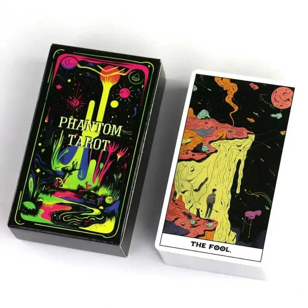 Conjunto completo de tarô phantom com 78 cartas de jogo de tabuleiro personalizadas estilo arte neon, adivinhação para festa e entretenimento
