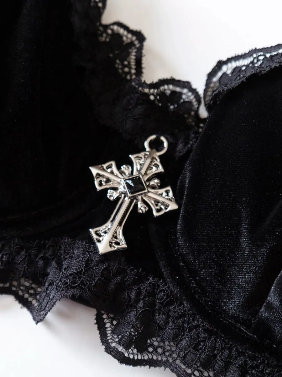 Conjunto de lingerie de renda preta com alça ajustável inspirada no vintage, roupa íntima gótica para feminilidade ousada