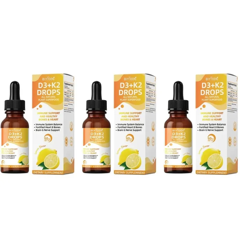 Vitamina D3 K2 Gotas Líquidas Absorção de Cálcio e Suporte Ósseo 1000 UI D3 com Sabor Limão K2 60 ml 30 Porções