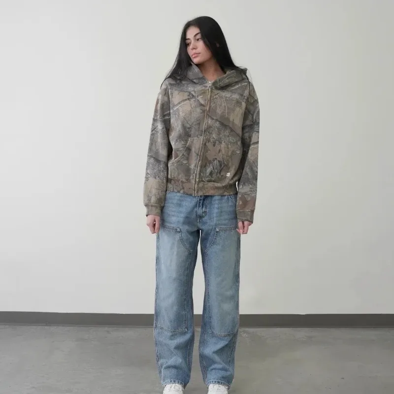Y2K Retro Reißverschluss Hoodie Männer Camouflage Muster Reißverschluss Sweatshirt High Street Hip Hop Streetwear Übergroßer Unisex Camo Hoodie
