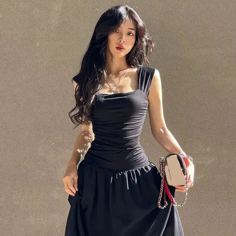 Black Wide Strap Maxi Dress for Women Summer Elegant Temperament High-Waist Party Long Dresses Sexy Ruched Bodycon Midi Dress — image 2