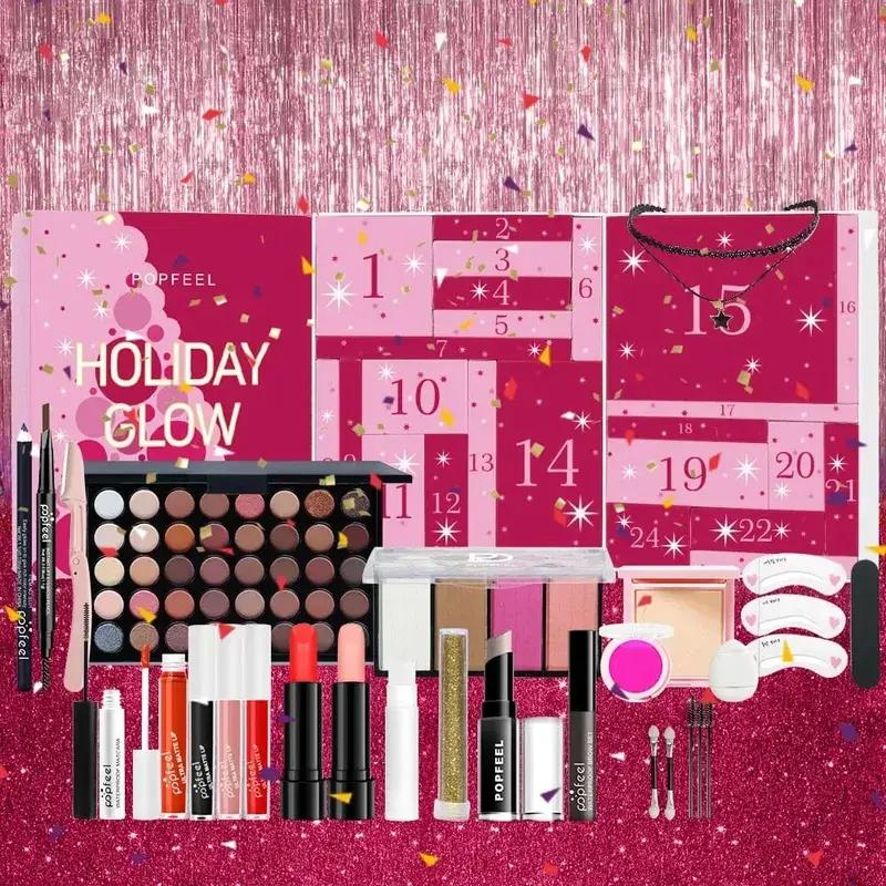 Conjunto de maquiagem de contagem regressiva de natal batom sombra de olho cosméticos 24 peças feriado beleza advento calendário caixa de presente para mulheres meninas
