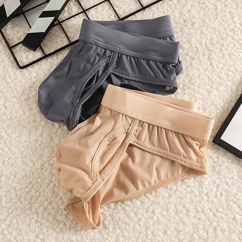 Open Front Fly Pouch Underwaer Men Scrotal Support Sports Briefs Ice Silk Breathable Underpant Bullet Separate Healthy Panties