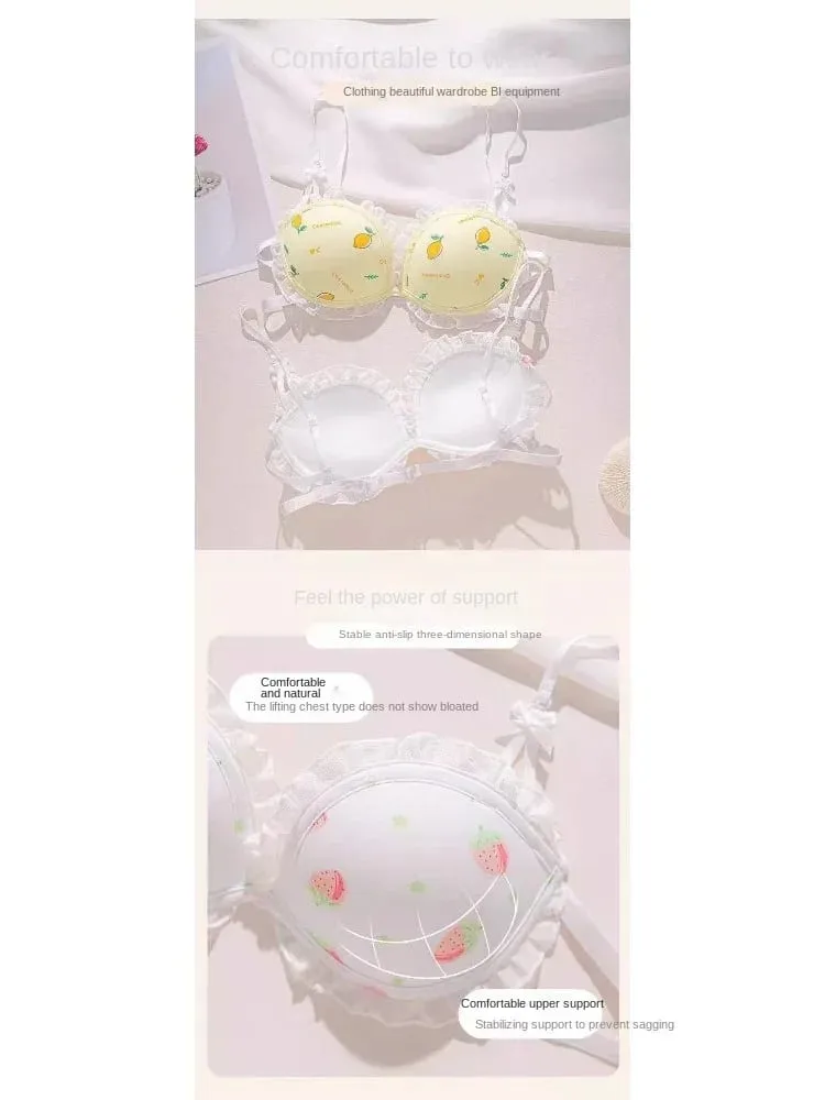 Strawberry 100% Lolita Collection Small Breasts Thin Cartoon Print Underwear Without Wire Back Pure Desire Bra Cover