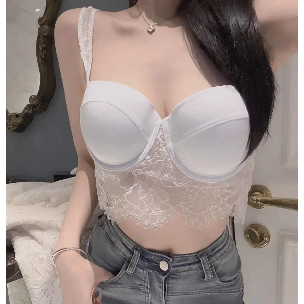 Conjunto de 2 peças de lingerie feminina chique de renda com aro macio, costas em U profundas, copo fino, push-up, verão, respirável, roupa íntima íntima S-XL