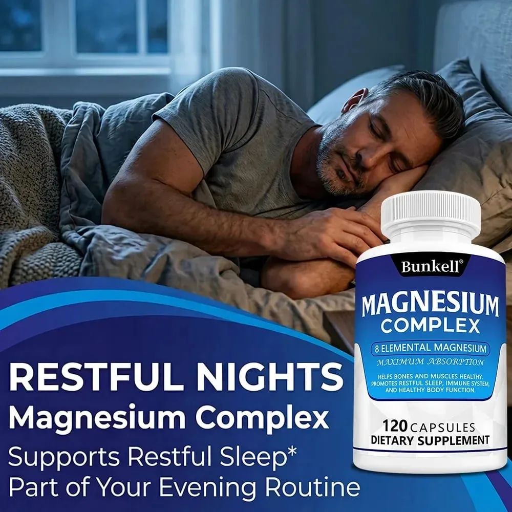Suplemento Complexo de Magnésio 8 Elemental 1000mg - para Ossos Recuperação Muscular Energia Vegan Não-OGM 120 Cápsulas