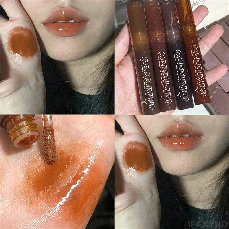 Espelho aguado chocolate brilho labial longa duração hidratante cristal geléia lábio matiz batom natureza nude lábios maquiagem cosméticos