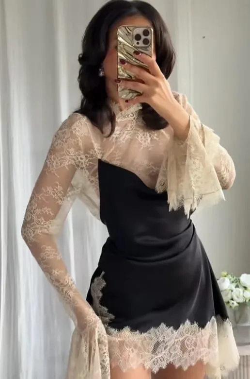 Contraste rendas retalhos mini vestido feminino elegante completo queimado manga cintura cinching magro mini vestidos 2025 senhora rua chique vestido