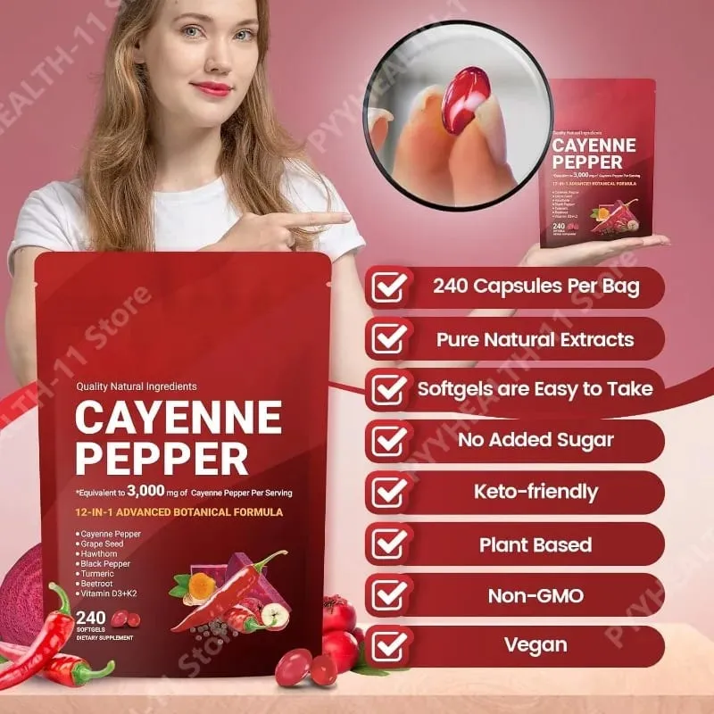 Suplemento de cápsulas de pimenta caiena com semente de uva, beterraba, cúrcuma, vitaminas D3 K2, suporte de ervas, veias das pernas, saúde dos vasos sanguíneos