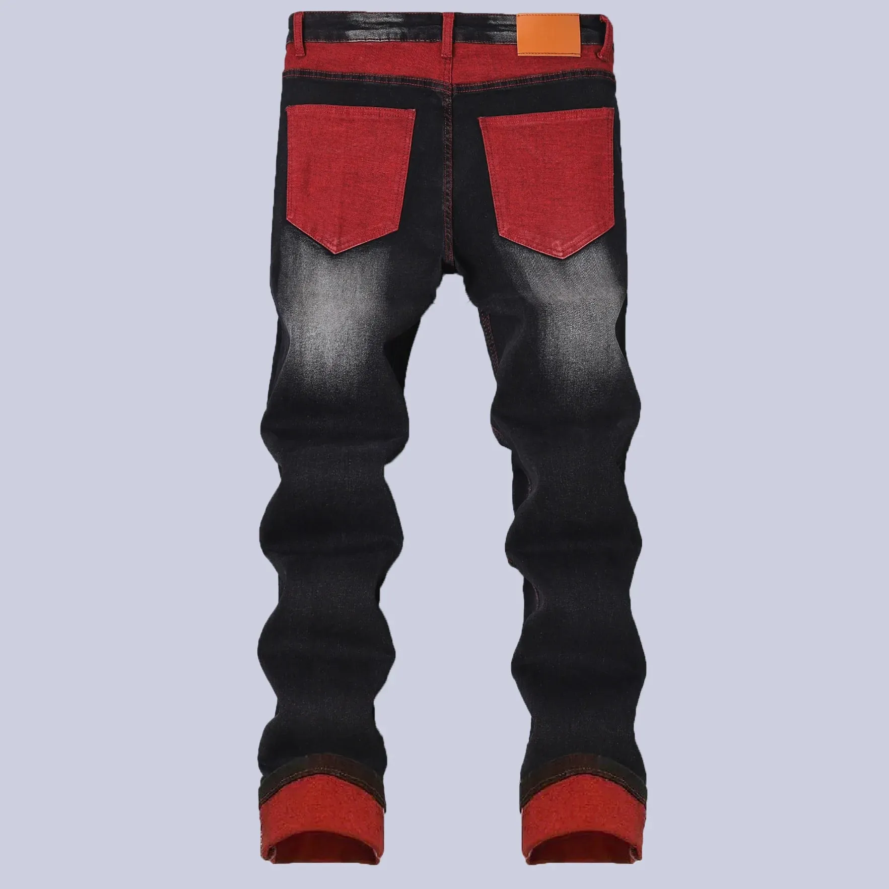 Calça jeans stretch preta masculina para primavera e outono com detalhes vermelhos rasgados, tamanhos asiáticos 28–42.