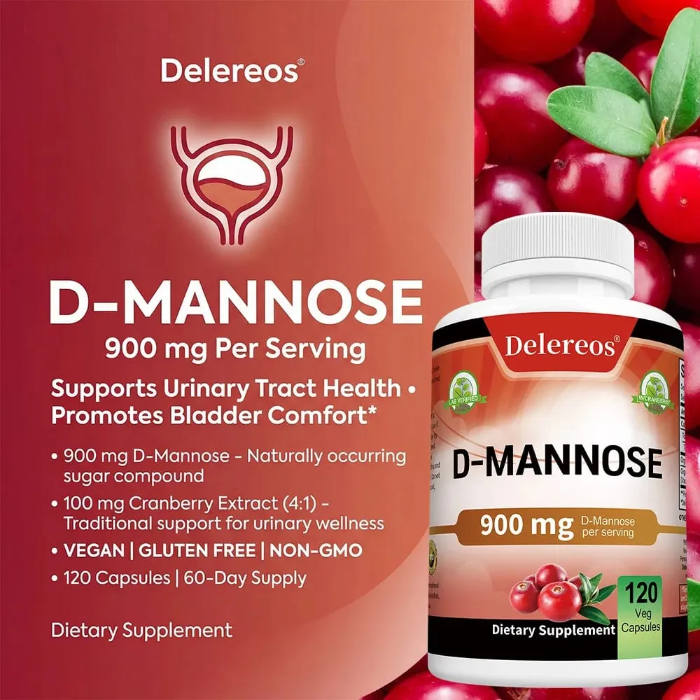 Organic D-Mannose 900mg Per Serving 120 Capsules Strongly Supports Urinary Tract Cleanse in Women and Prostate Health in Men