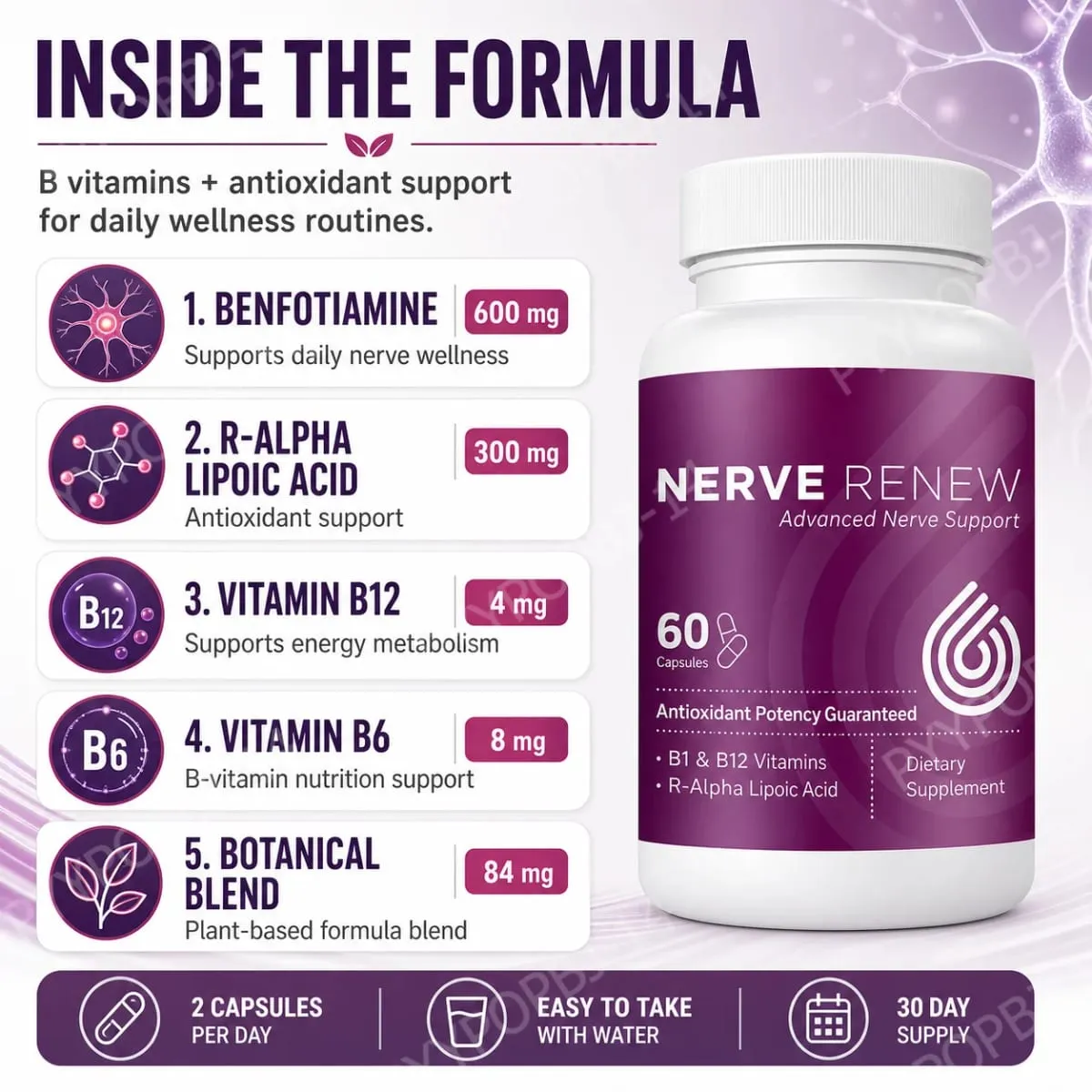 Suplemento avançado de suporte nervoso Nerve Renew - Alívio natural para desconforto nervoso com ácido R-alfa lipóico e complexo de vitamina B