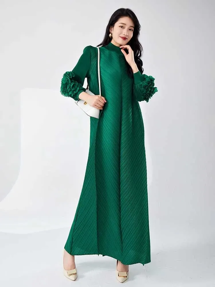 Vestido longo plissado com mangas babados, solto, cor sólida, costura, roupas femininas para festa, verão, roupas novas 2da5900