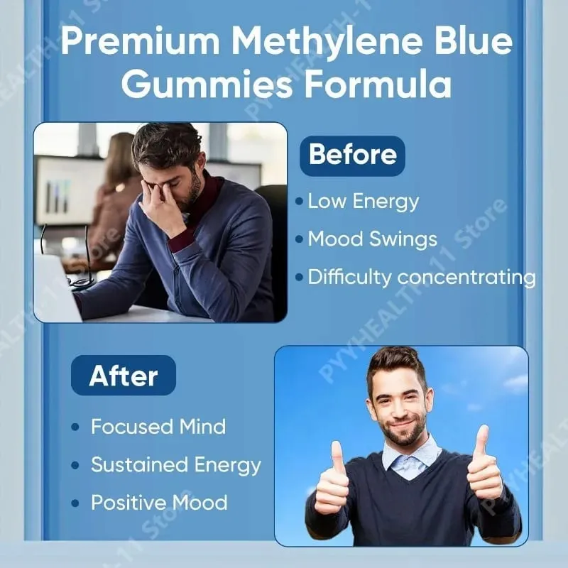 Methylene Blue Compound Gummies 5mg 30/60 Ct Blueberry Flavor for Sustained Energy Mental Clarity & Mood Cellular Support