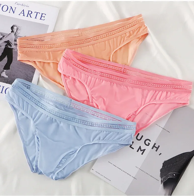 New Men's Ice Silk Briefs Ultra-thin Quick Dry High Elastic Lace Waistband Panties Sexy Seamless Breathable Bikini Underwear