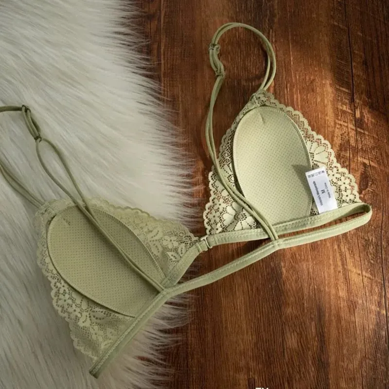 French Style Sexy Lace Thin Triangle Bra With Front Button Women's No Steel Ring Wireless Lingerie Underwear Beautiful Back Bra