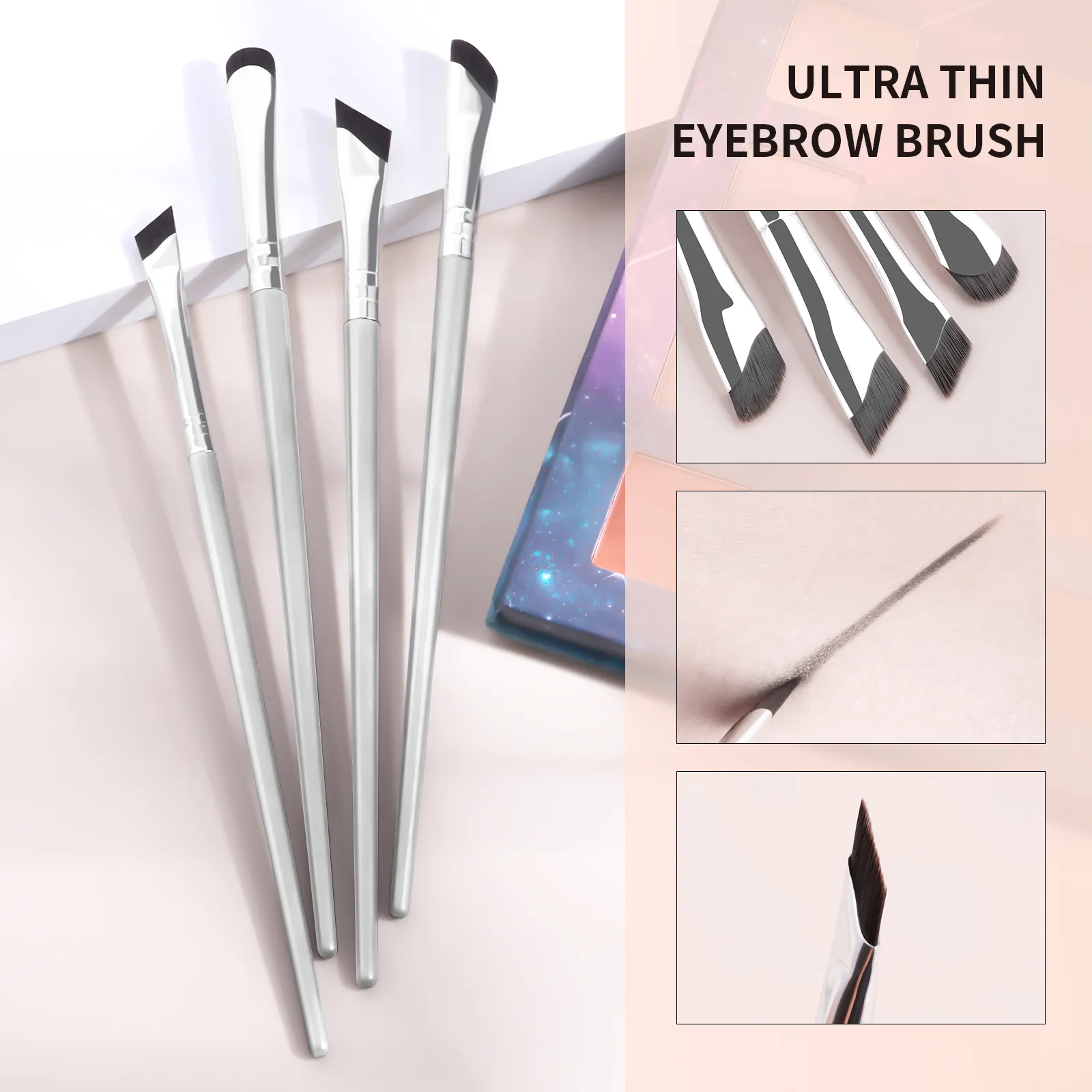 Conjunto de pincéis de sobrancelha angular ultra fino, 4 unidades, pincel de sobrancelha fino e preciso para pó de sobrancelha, delineador de gel, ferramentas de maquiagem para os olhos