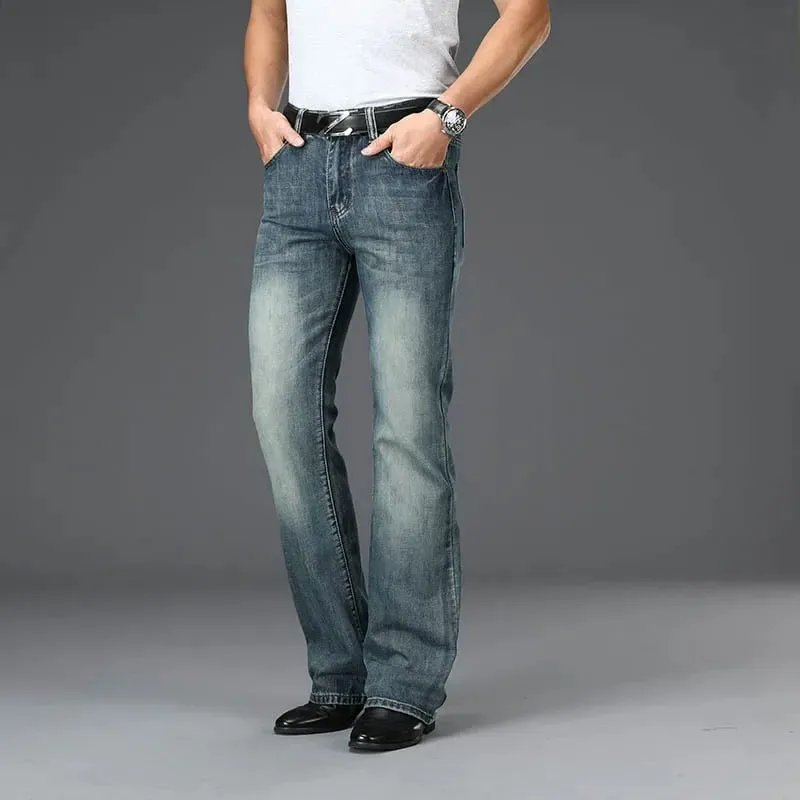 Denim queimado calças de brim dos homens boot corte denim calças confortáveis ​​ligeiramente magro clássico solto casual azul preto para masculino bootcut