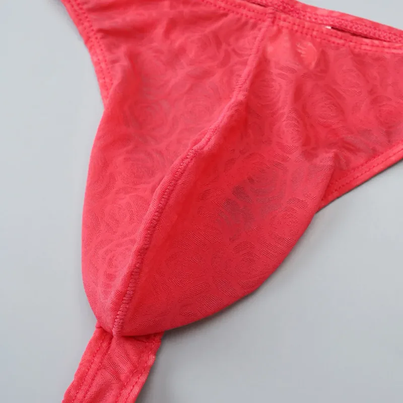 Men Lace Jacquard G-string Underwear High Stretchy Large Pouch Thong Panties Sexy Gays Erotic T-back Underpants
