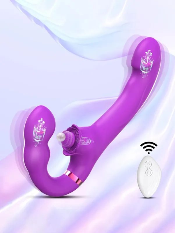 App Strapless Strap-On G-Spot Vibrador Vibrador Realista Double-Ended Vibratório Butt Plug Anal Sex Toys para Mulheres Lésbicas Casais
