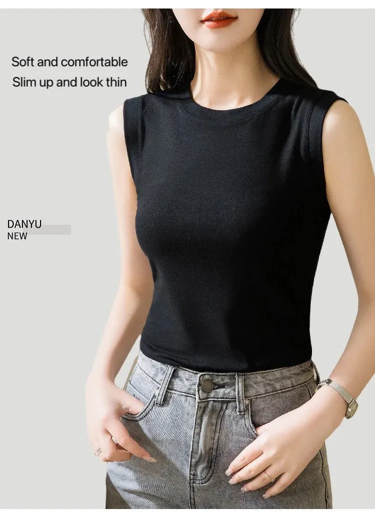 1 pçs primavera verão feminino malha regata menina fina topos senhora básico casual regata gola redonda camisetas sem mangas topo m ~ 3xl