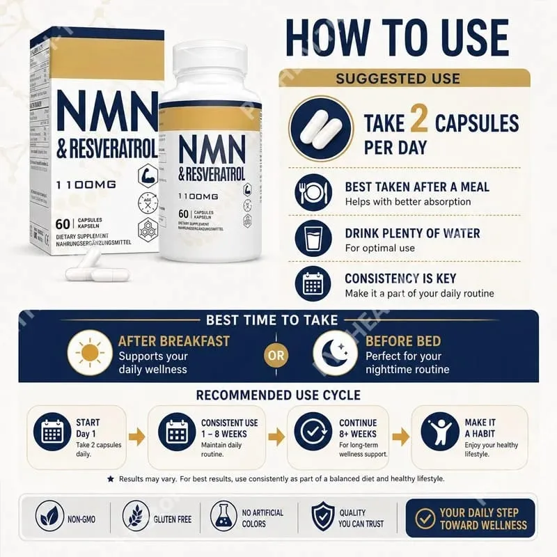 NMN & Resveratrol Cápsulas Suplemento Complexo Antioxidante com Extrato de Pimenta Preta 1100mg 60 Cápsulas — image 3
