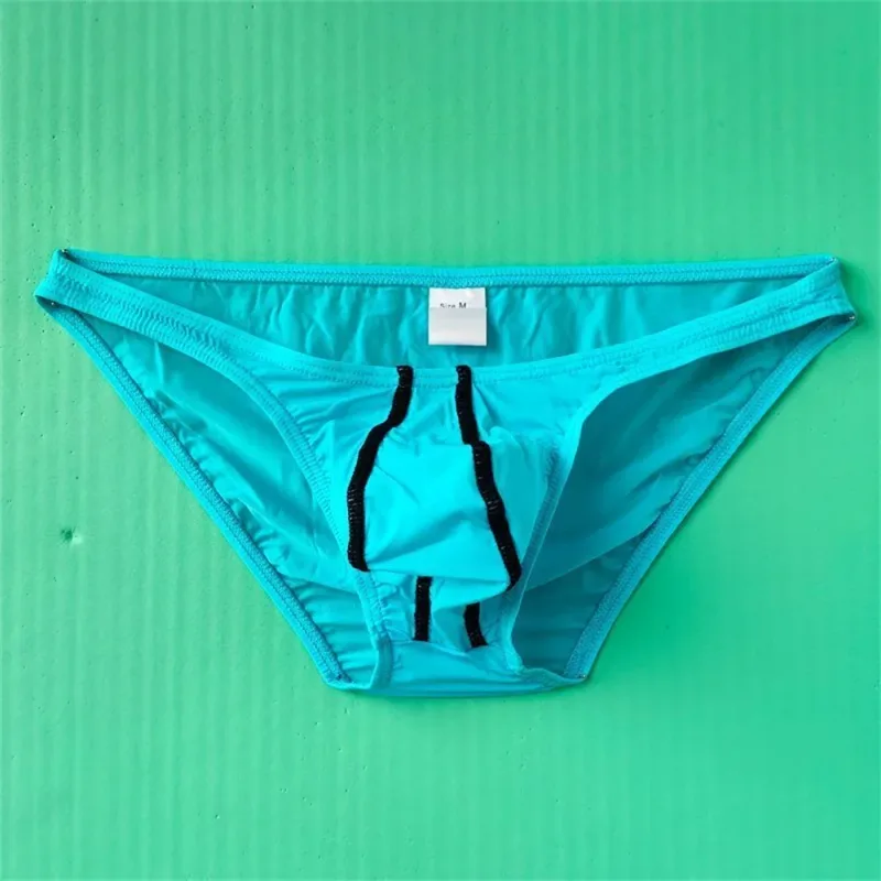 Two Line Stripe Ice Silk Briefs for Men Plus Size Underwear Sexy U Convex Lingerie Low Waist Bugle Pouch Male Panties